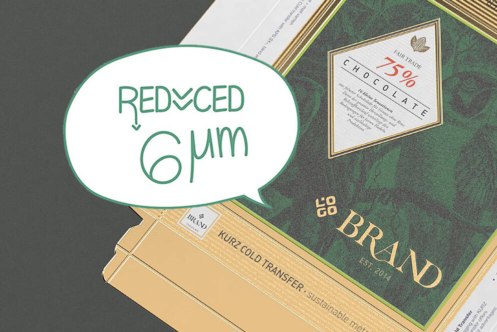 巧克力包裝採用冷燙箔覆膜，減少 PET 基材